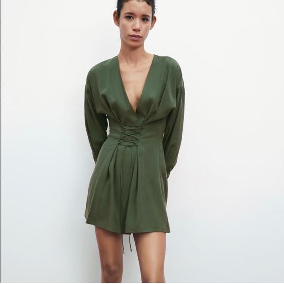 Zara V Neck Lace Up Corset Long Sleeves Flowy Mini Dress Khaki Green Size Large - Picture 1 of 14